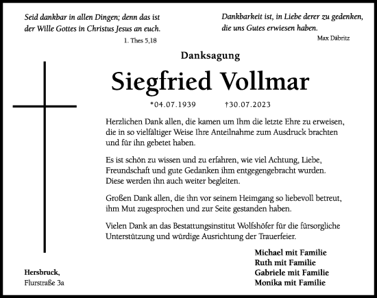 Traueranzeige von Siegfried Vollmar von Hersbrucker Zeitung Lokal