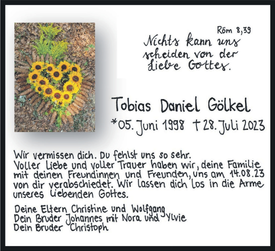 Traueranzeige von Tobias Daniel Gölkel von Hersbrucker Zeitung Lokal