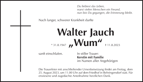Traueranzeige von Walter Jauch von Pegnitz-Zeitung