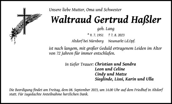 Traueranzeige von Waltraud Gertrud Haßler von Der Bote
