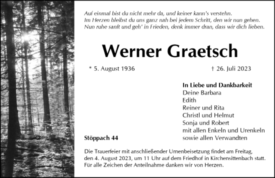 Traueranzeige von Werner Graetsch von Hersbrucker Zeitung Lokal