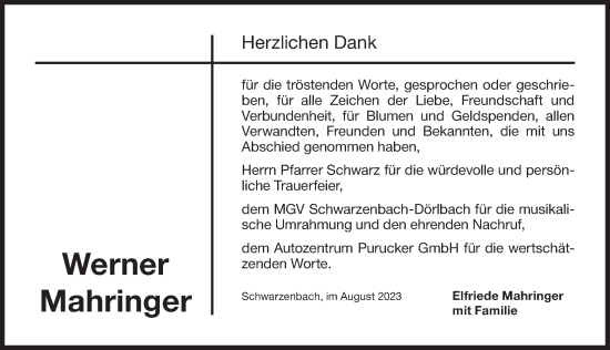 Traueranzeige von Werner Mahringer von Der Bote