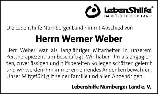 Traueranzeige von Werner Weber von Hersbrucker Zeitung Lokal