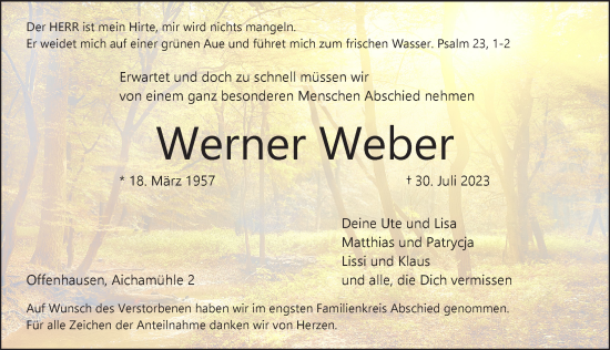 Traueranzeige von Werner Weber von Pegnitz-Zeitung