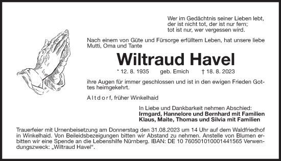 Traueranzeige von Wiltraud Havel von Der Bote