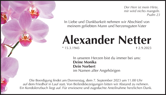 Traueranzeige von Alexander Netter von Pegnitz-Zeitung