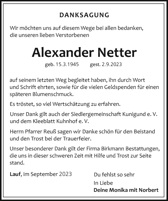 Traueranzeige von Alexander Netter von Pegnitz-Zeitung