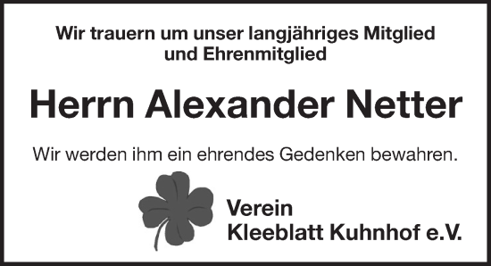 Traueranzeige von Alexander Netter von Pegnitz-Zeitung