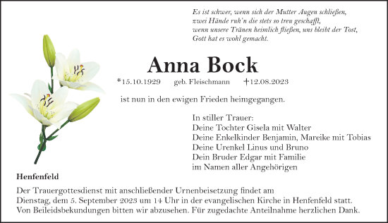 Traueranzeige von Anna Bock von Hersbrucker Zeitung Lokal