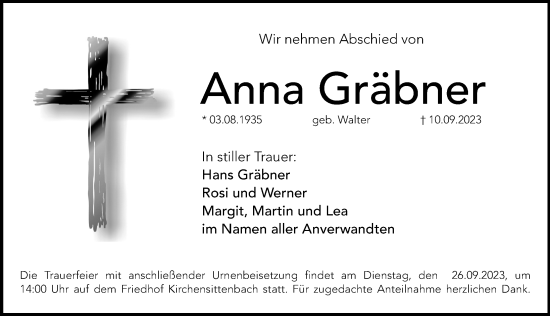 Traueranzeige von Anna Gräbner von Hersbrucker Zeitung Lokal