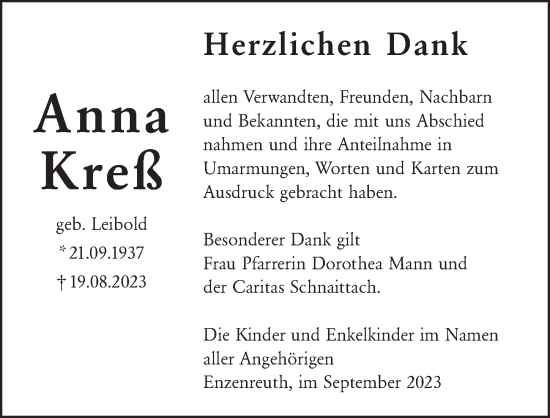 Traueranzeige von Anna Kreß von Pegnitz-Zeitung
