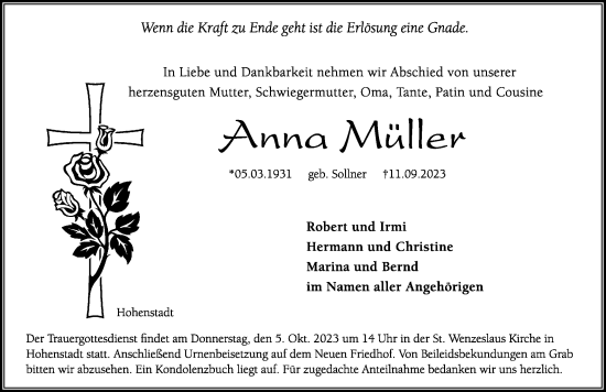 Traueranzeige von Anna Müller von Hersbrucker Zeitung Lokal