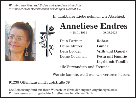 Traueranzeige von Anneliese Endres von Hersbrucker Zeitung Lokal