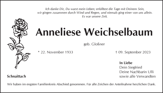 Traueranzeige von Anneliese Weichselbaum von Pegnitz-Zeitung