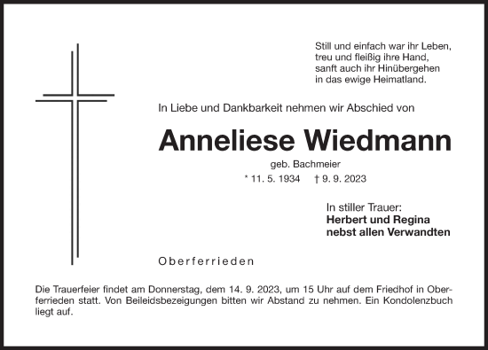Traueranzeige von Anneliese Wiedmann von Der Bote