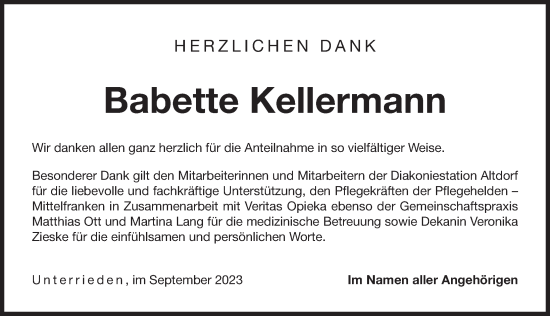 Traueranzeige von Babette Kellermann von Der Bote