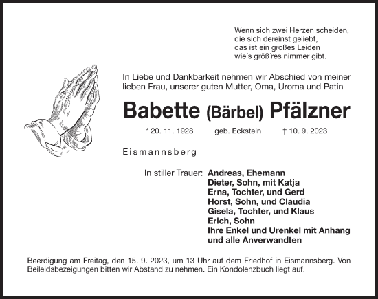 Traueranzeige von Babette Pfälzner von Der Bote