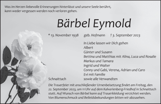 Traueranzeige von Bärbel Eymold von Pegnitz-Zeitung