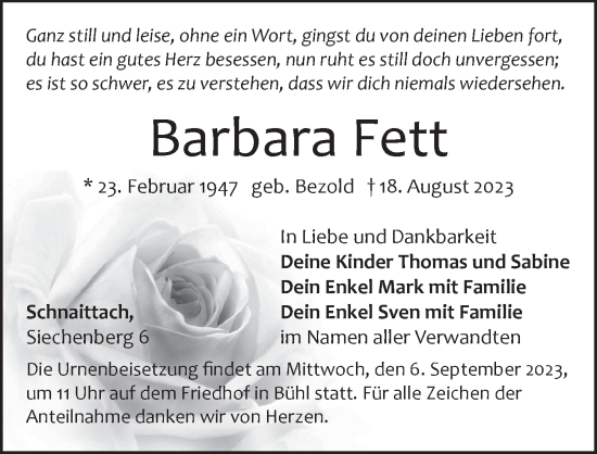 Traueranzeige von Barbara Fett von Pegnitz-Zeitung