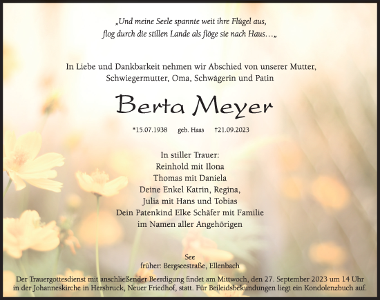 Traueranzeige von Berta Meyer von Hersbrucker Zeitung Lokal