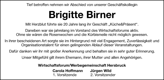 Traueranzeige von Brigitte Birner von Hersbrucker Zeitung Lokal