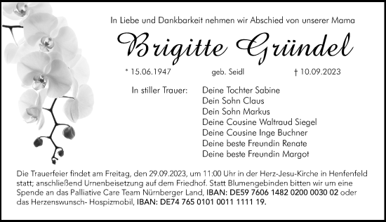 Traueranzeige von Brigitte Gründel von Hersbrucker Zeitung Lokal