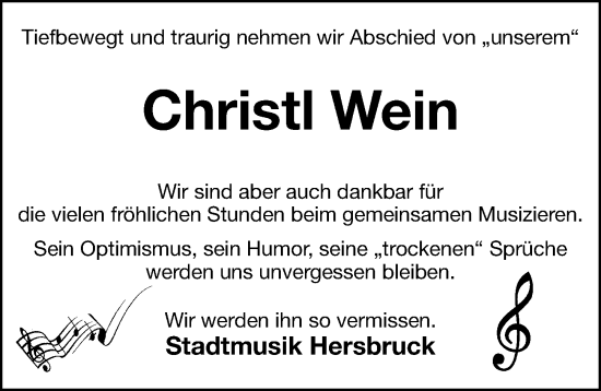 Traueranzeige von Christl Wein von Hersbrucker Zeitung Lokal