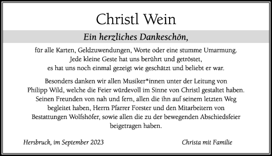 Traueranzeige von Christl Wein von Hersbrucker Zeitung Lokal