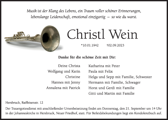 Traueranzeige von Christl Wein von Hersbrucker Zeitung Lokal