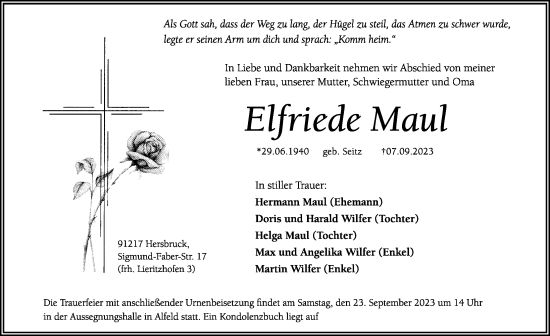 Traueranzeige von Elfriede Maul von Hersbrucker Zeitung Lokal