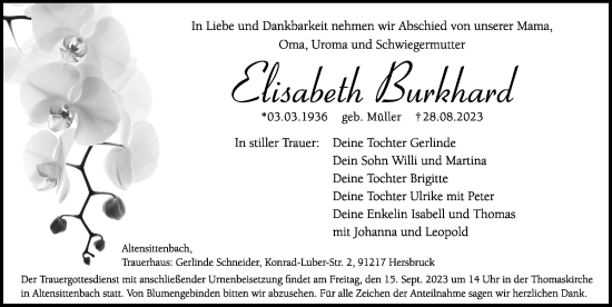 Traueranzeige von Elisabeth Burkhard von Hersbrucker Zeitung Lokal
