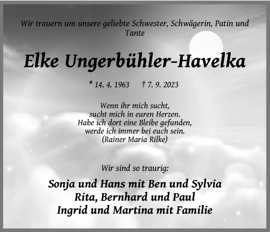 Traueranzeige von Elke Ungerbühler-Havelka von Hersbrucker Zeitung Lokal