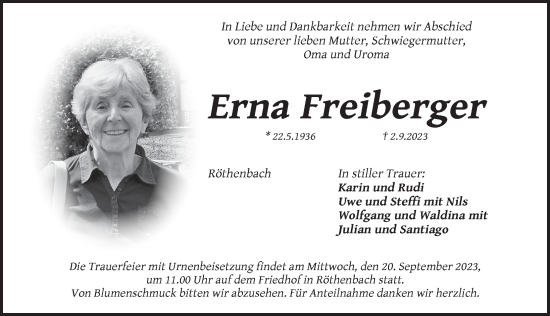 Traueranzeige von Erna Freiberger von Pegnitz-Zeitung