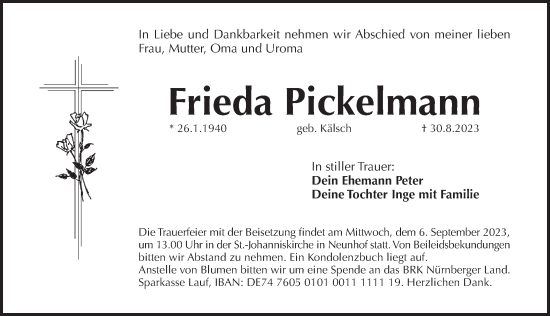 Traueranzeige von Frieda Pickelmann von Pegnitz-Zeitung