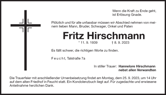 Traueranzeige von Fritz Hirschmann von Der Bote
