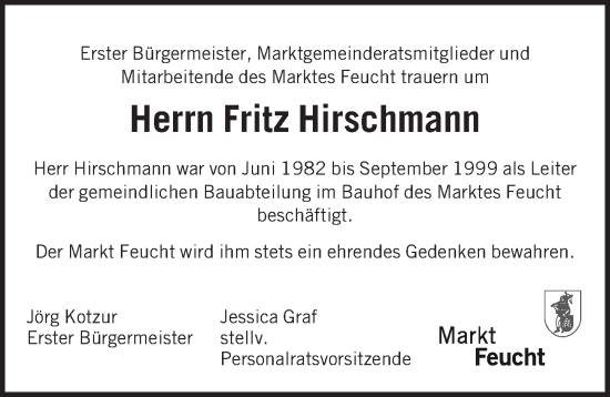 Traueranzeige von Fritz Hirschmann von Der Bote