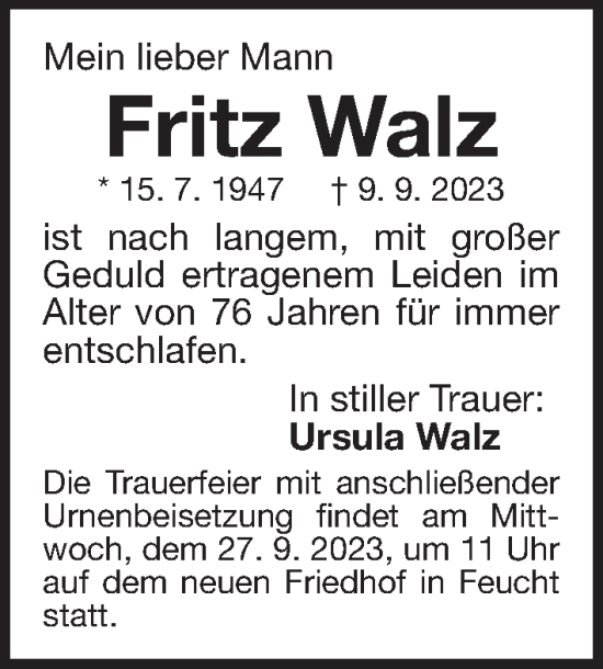 Traueranzeige von Fritz Walz von Der Bote
