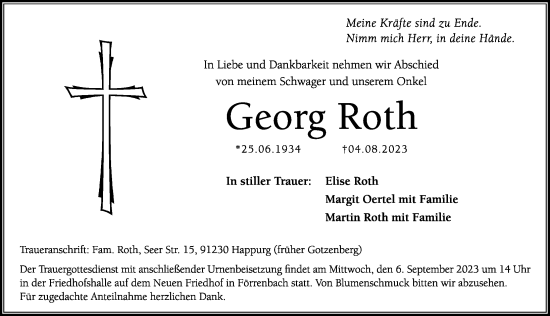 Traueranzeige von Georg Roth von Hersbrucker Zeitung Lokal