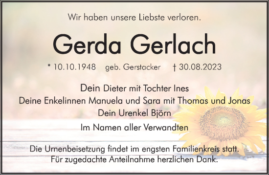 Traueranzeige von Gerda Gerlach von Hersbrucker Zeitung Lokal