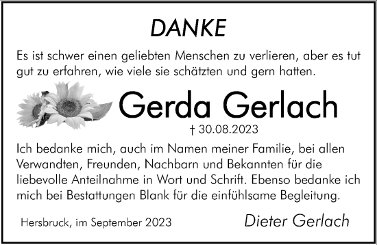 Traueranzeige von Gerda Gerlach von Hersbrucker Zeitung Lokal