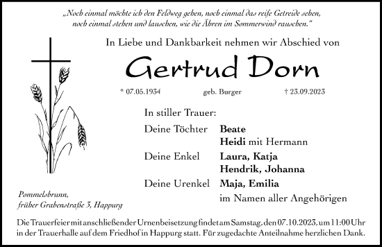Traueranzeige von Gertrud Dorn von Hersbrucker Zeitung Lokal