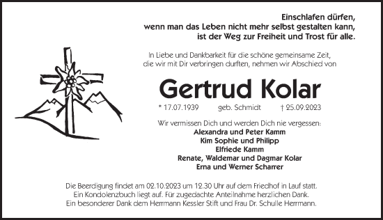 Traueranzeige von Gertrud Kolar von Pegnitz-Zeitung