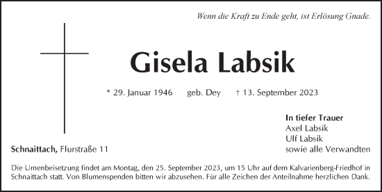 Traueranzeige von Gisela Labsik von Pegnitz-Zeitung