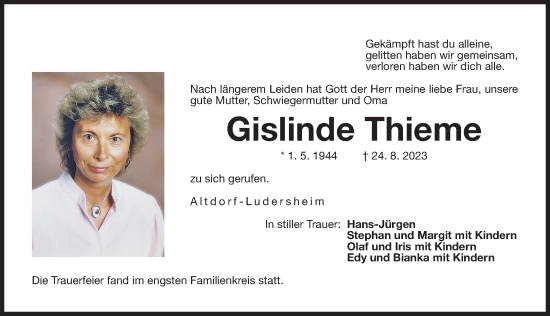 Traueranzeige von Gislinde Thieme von Der Bote