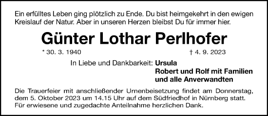 Traueranzeige von Günter Lothar Perlhofer von Hersbrucker Zeitung Lokal