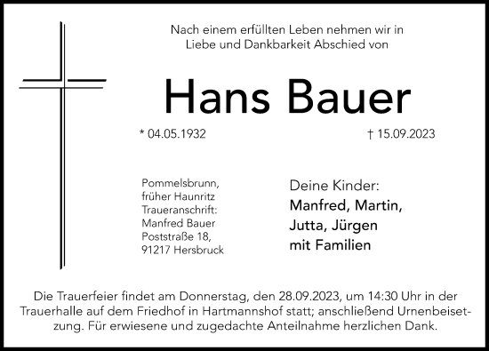 Traueranzeige von Hans Bauer von Hersbrucker Zeitung Lokal