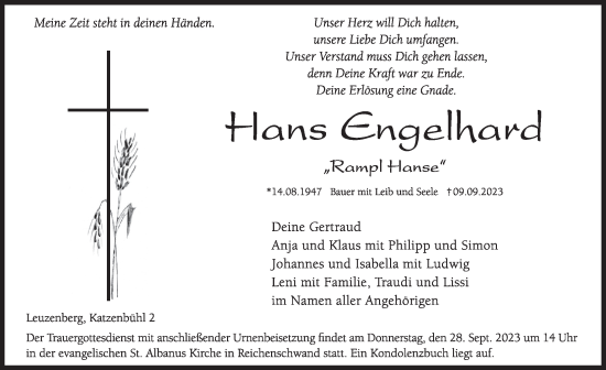 Traueranzeige von Hans Engelhard von Pegnitz-Zeitung