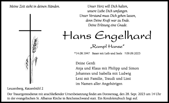 Traueranzeige von Hans Engelhard von Hersbrucker Zeitung Lokal
