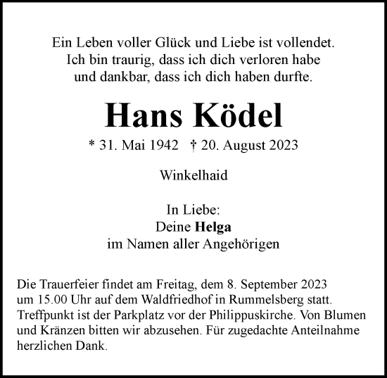 Traueranzeige von Hans Ködel von Der Bote