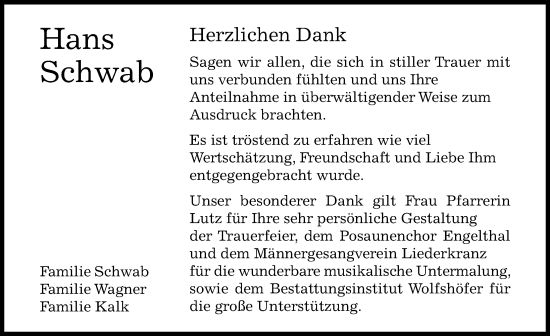 Traueranzeige von Hans Schwab von Hersbrucker Zeitung Lokal